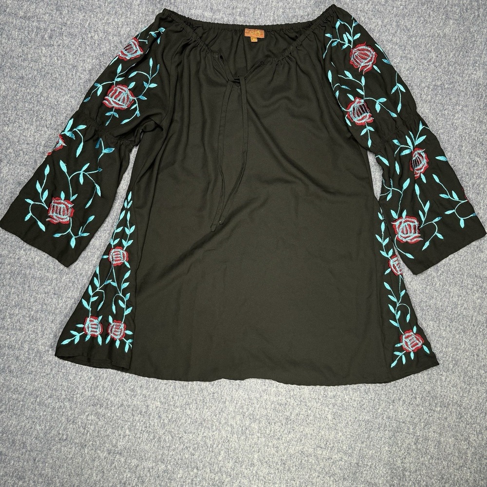 Scully Black Blouse with Floral Embroidery